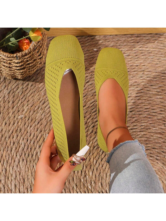 3 Pairs Of Women Knitted Flats: Solid Color Breathable Knitted Flat Shoes, V-Cut Embroidered Square Toe Formal Shoes, Anti-Slip Soft Comfortable Slip-On Shoes In Olive Green, Black, White And Beige