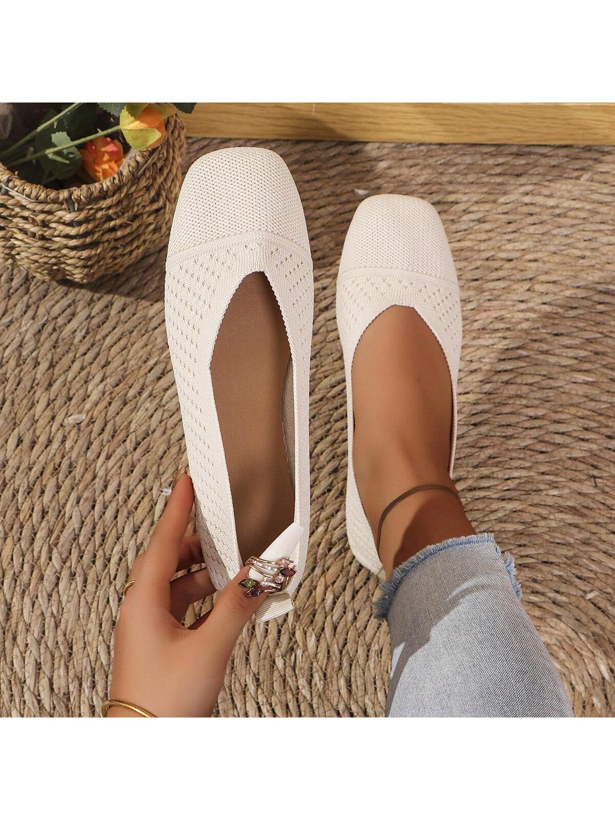 3 Pairs Of Women Knitted Flats: Solid Color Breathable Knitted Flat Shoes, V-Cut Embroidered Square Toe Formal Shoes, Anti-Slip Soft Comfortable Slip-On Shoes In Olive Green, Black, White And Beige