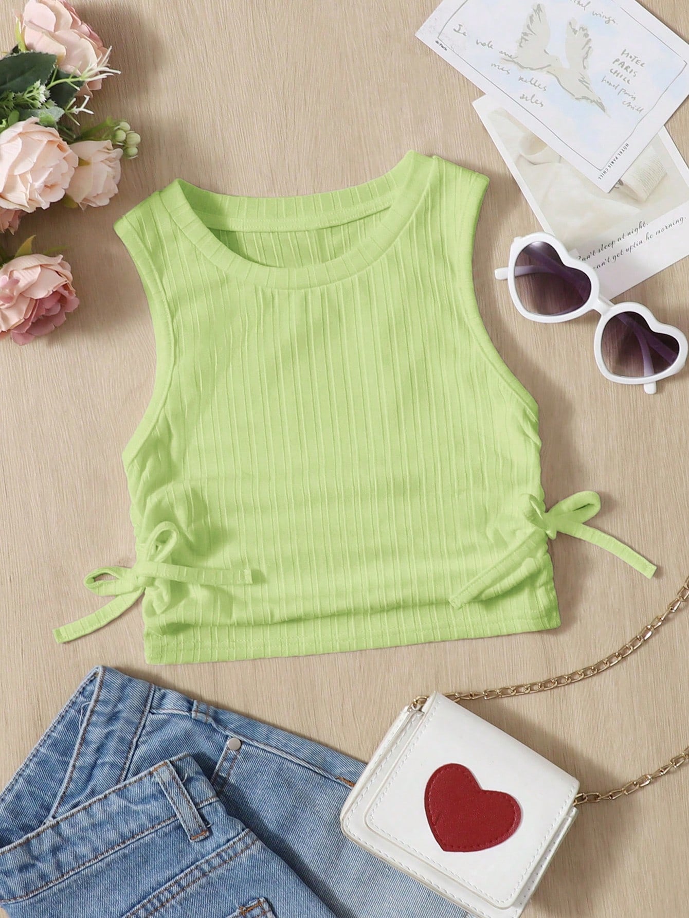 Solid Color Casual Round Neck Tank Top With Pleated Hem And Side Knot Detail For Young Girls