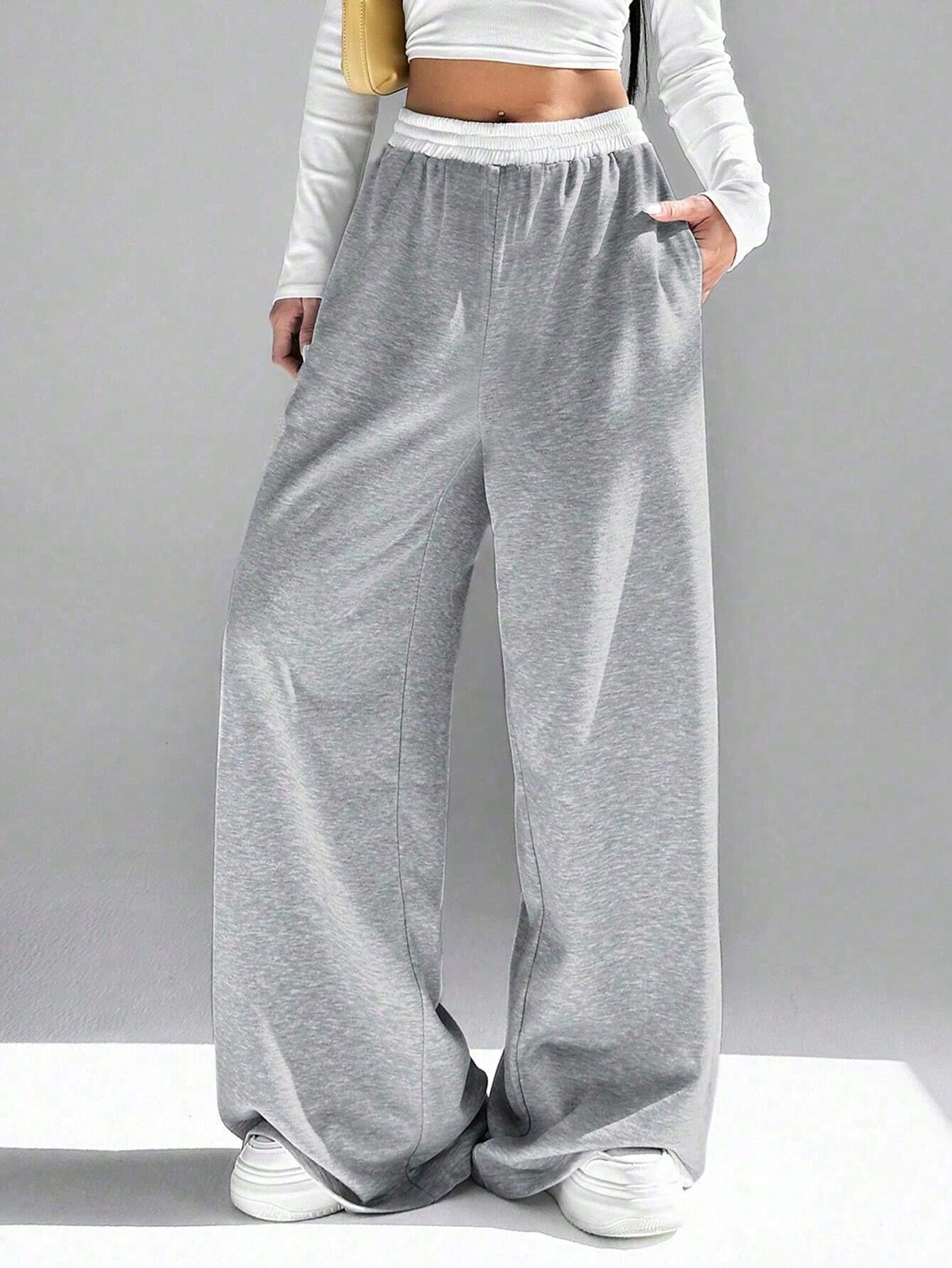 Tween Girls' Street Casual Knitted Color Block Long Wide Leg Sweatpants