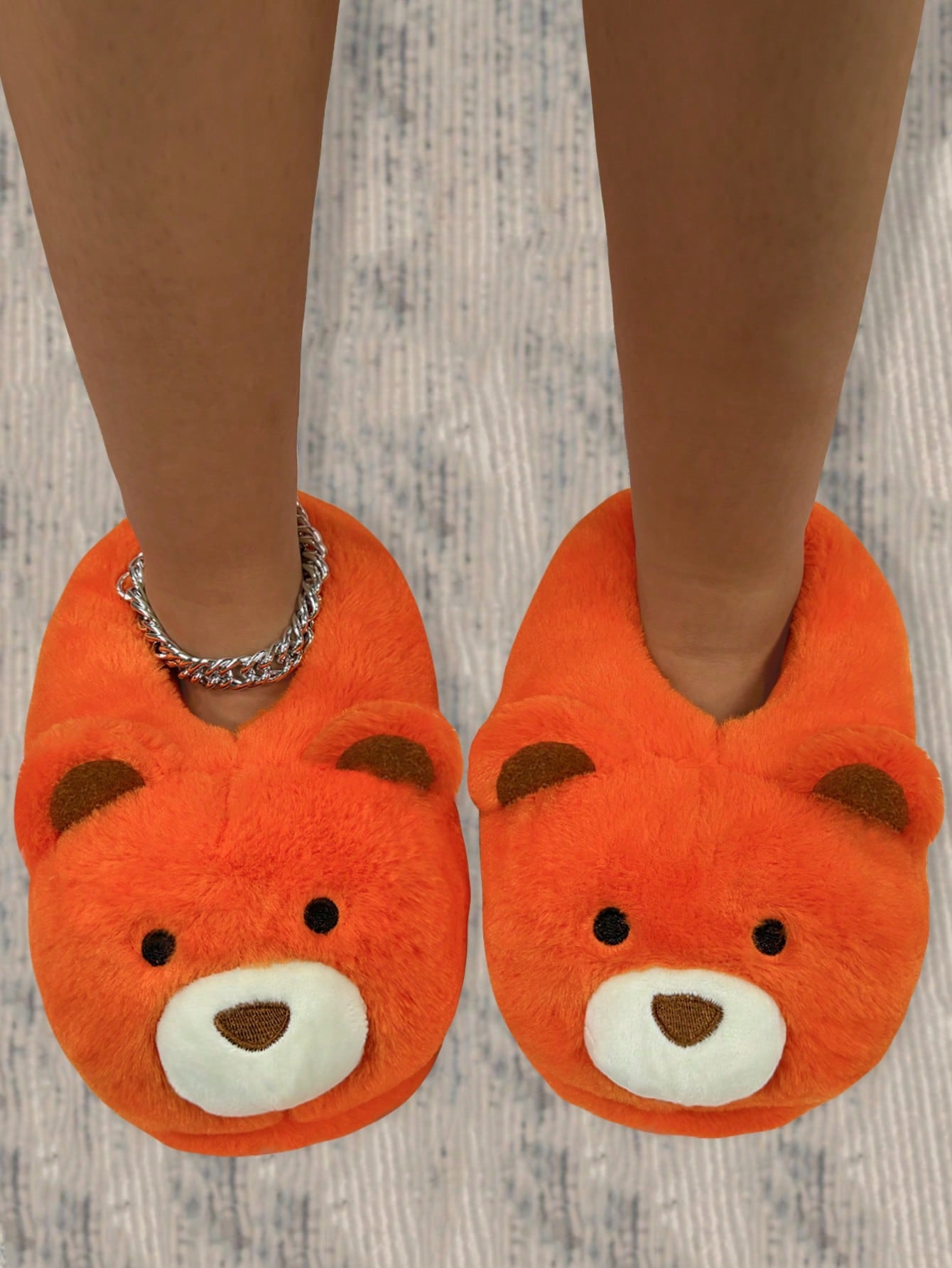 Brown Embroidered Closed Toe Teddy Bear Fleece Lined Slip-On House Slippers For Women