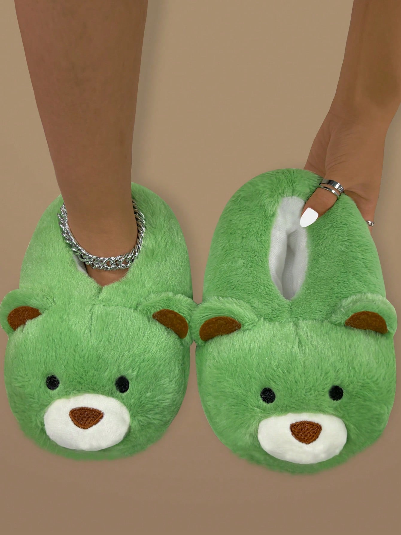 Brown Embroidered Closed Toe Teddy Bear Fleece Lined Slip-On House Slippers For Women