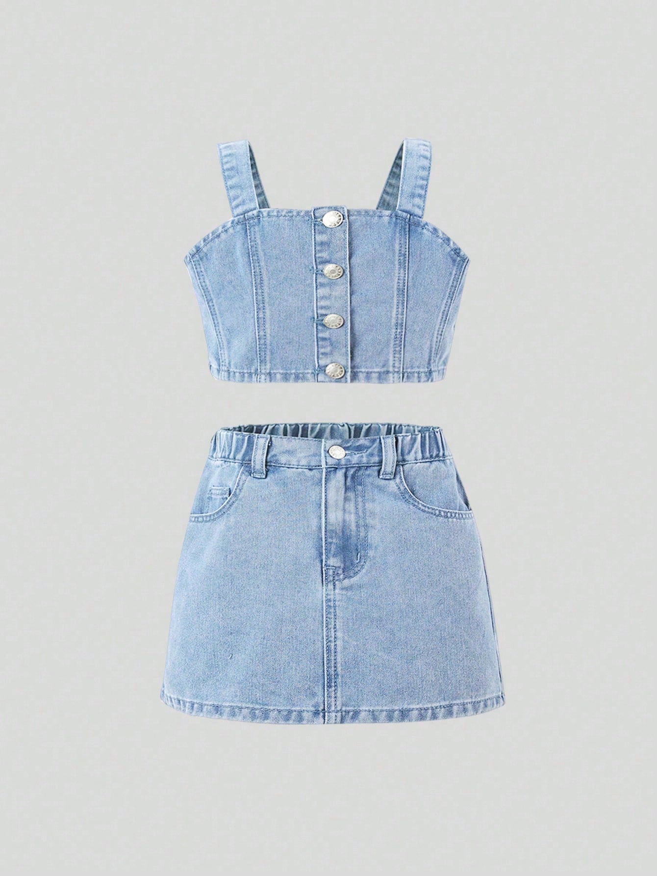 Tween Girls' Casual Cute Summer Vest Top And Denim Skirt 2-Piece Outfit