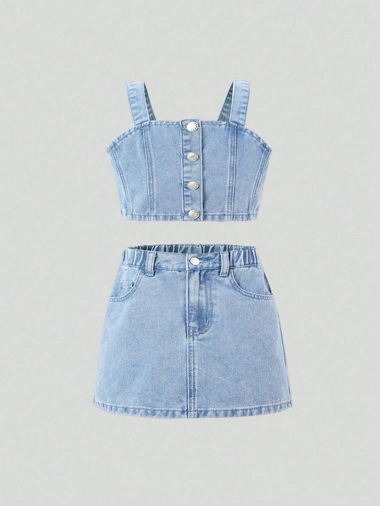 Tween Girls' Casual Cute Summer Vest Top And Denim Skirt 2-Piece Outfit