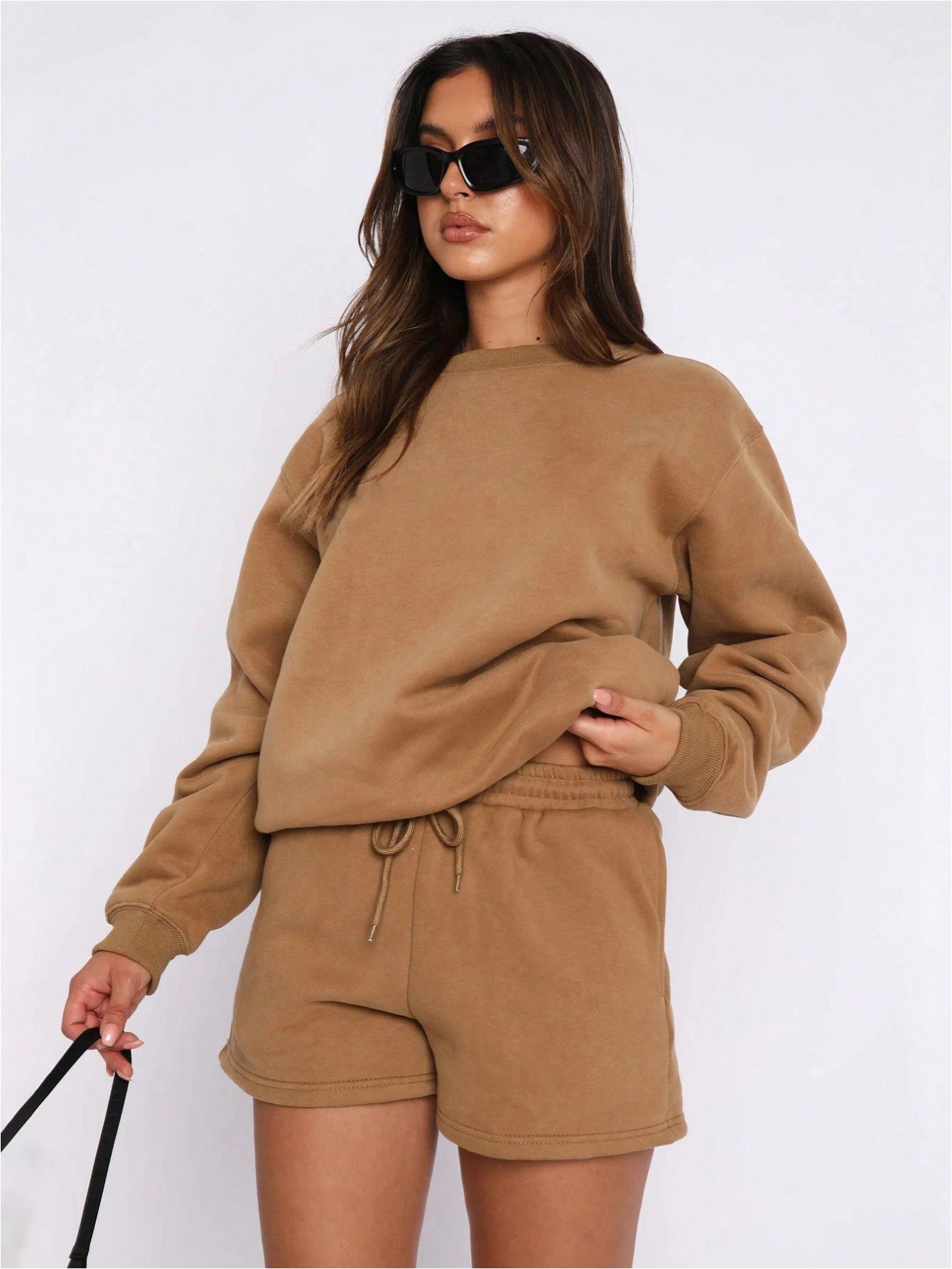 Women's Casual Solid Color Drop Shoulder Long Sleeve Sweatshirt And Shorts Set