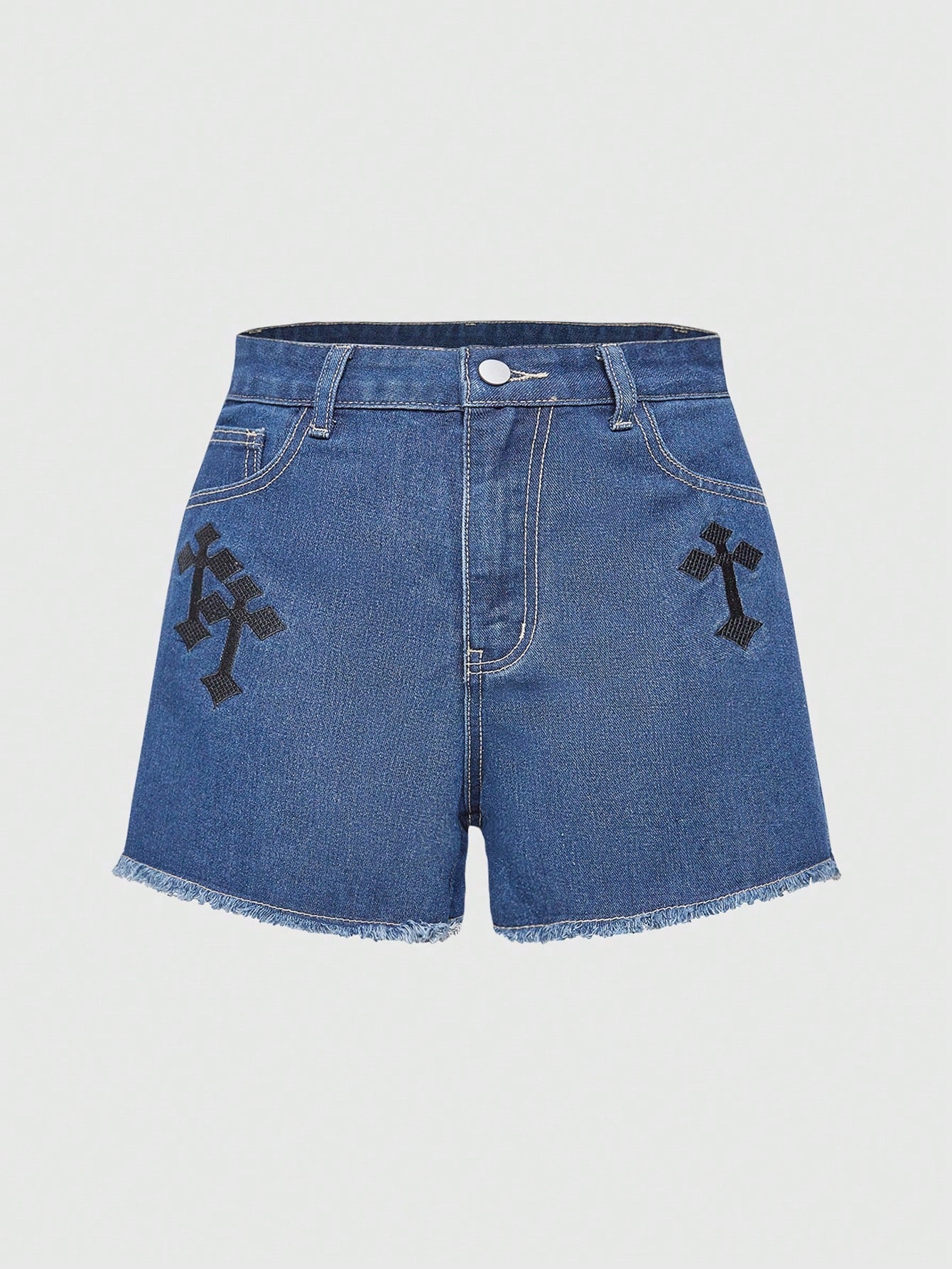 Punk Cross Embroidery Raw Hem Denim Shorts