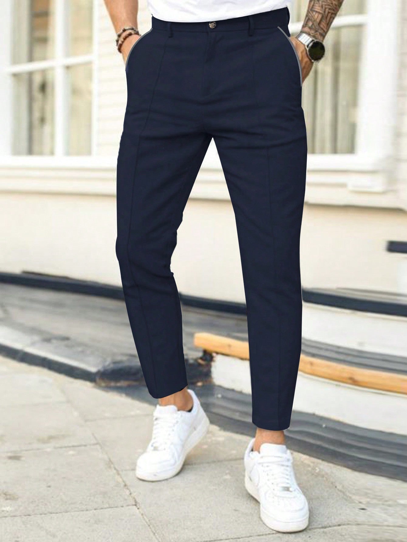 Men Casual Solid Slant Pocket Suit Pants