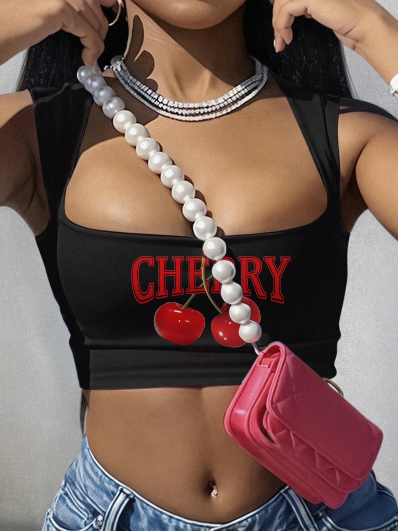 Casual Cherry Pattern Cropped Women's Square Neck Tank Top Suitable For Summer