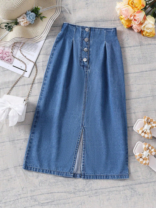 Tween Girl Casual Denim Front Button Skirt With Split Hem, Straight Skirt, All Seasons