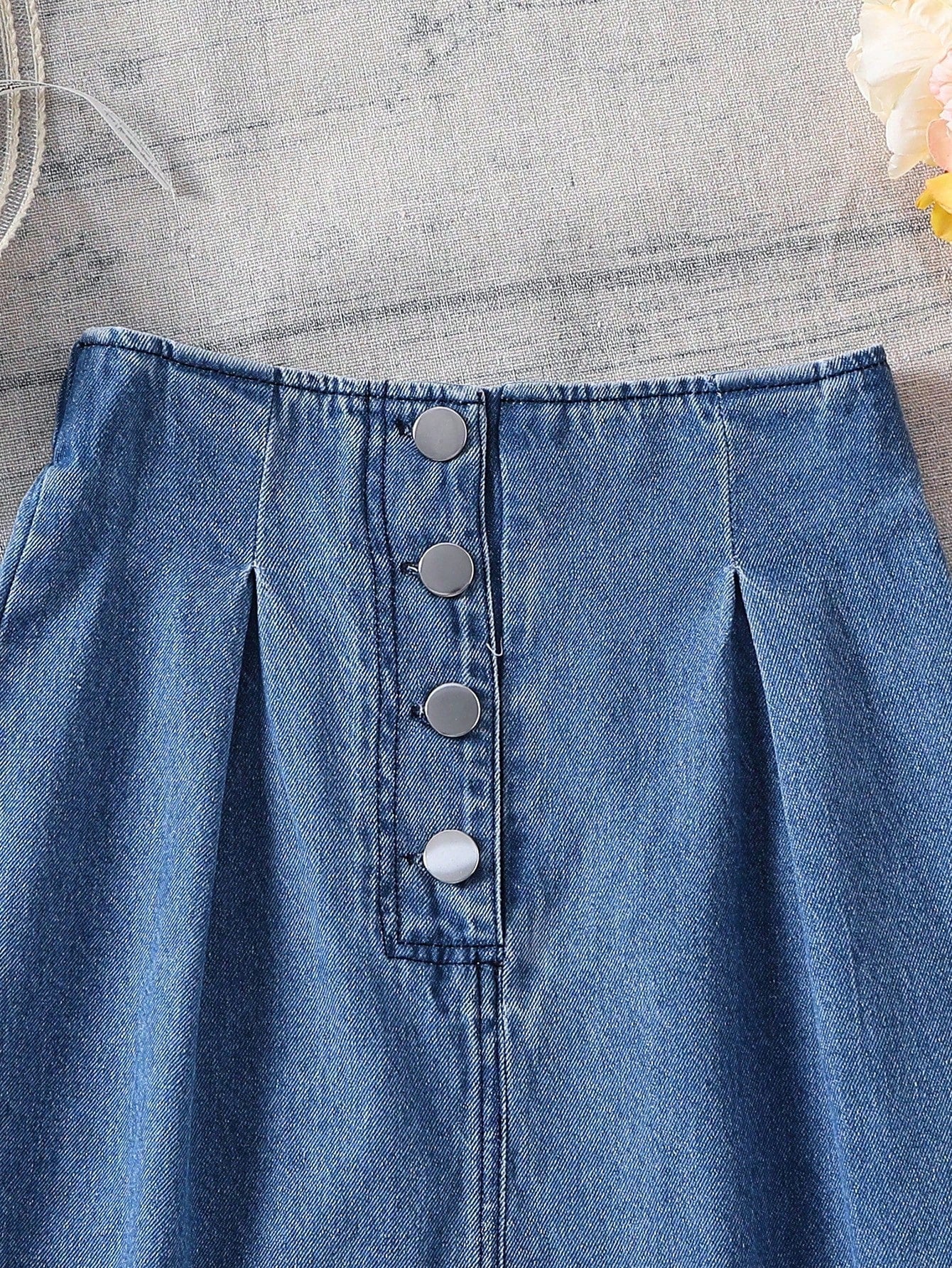 Tween Girl Casual Denim Front Button Skirt With Split Hem, Straight Skirt, All Seasons