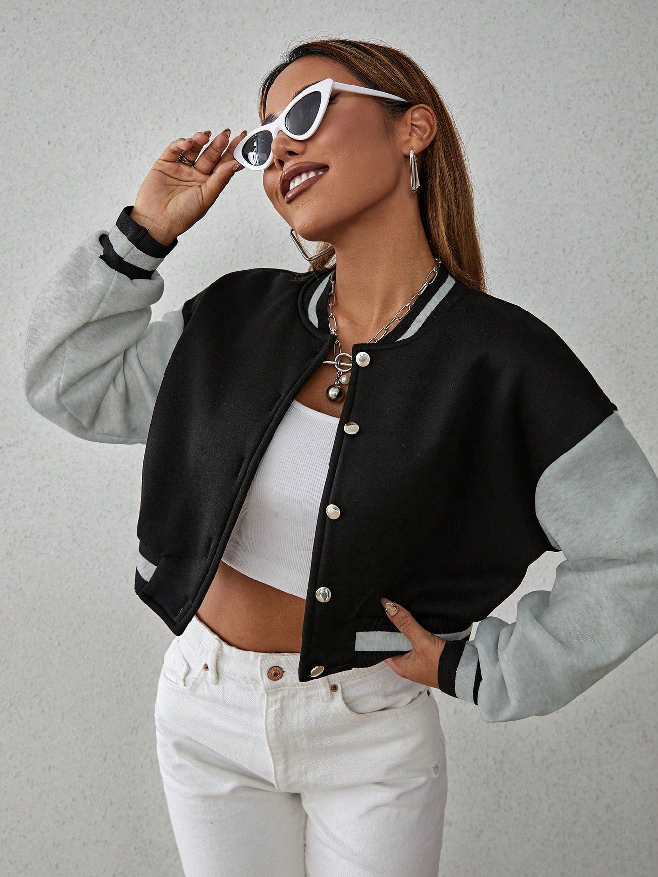 X Virginia & ZeFelipe Drop Shoulder Two Tone Crop Bomber Jacket