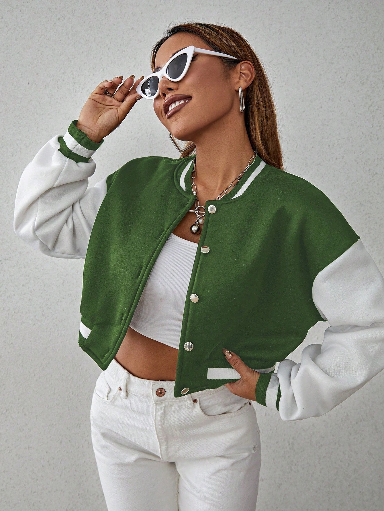 X Virginia & ZeFelipe Drop Shoulder Two Tone Crop Bomber Jacket