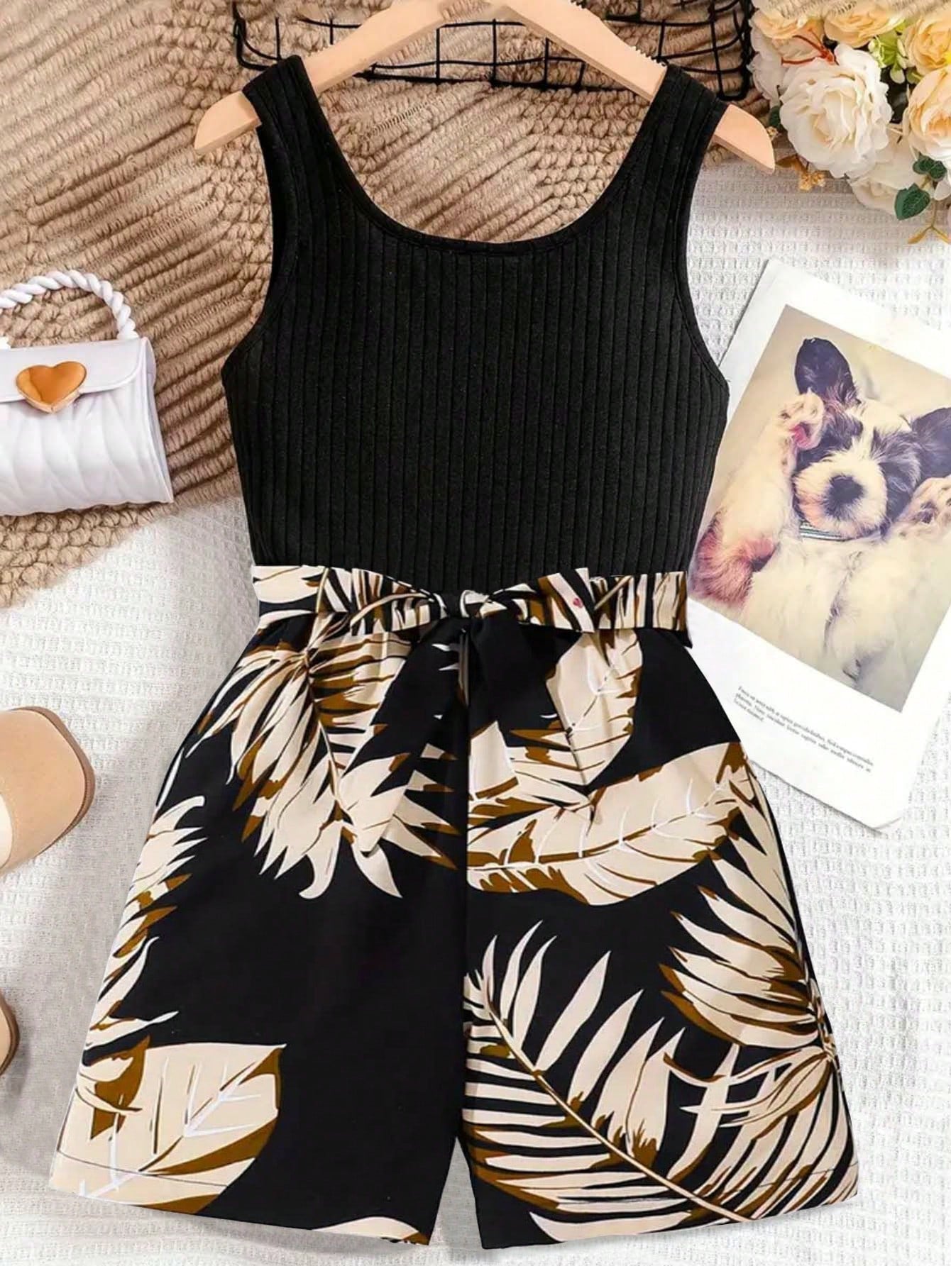 Young Girl Fashionable Ribbed Vest Top Leaf Printed Jumpsuit And Waist Belt, Suitable For Spring, Summer, Autumn