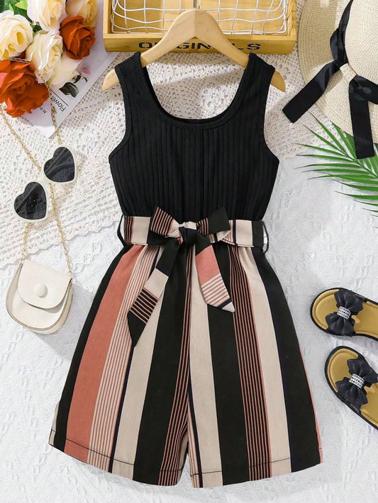 Young Girl Sleeveless Ribbed Patchwork Striped Belted Jumpsuit, Summer