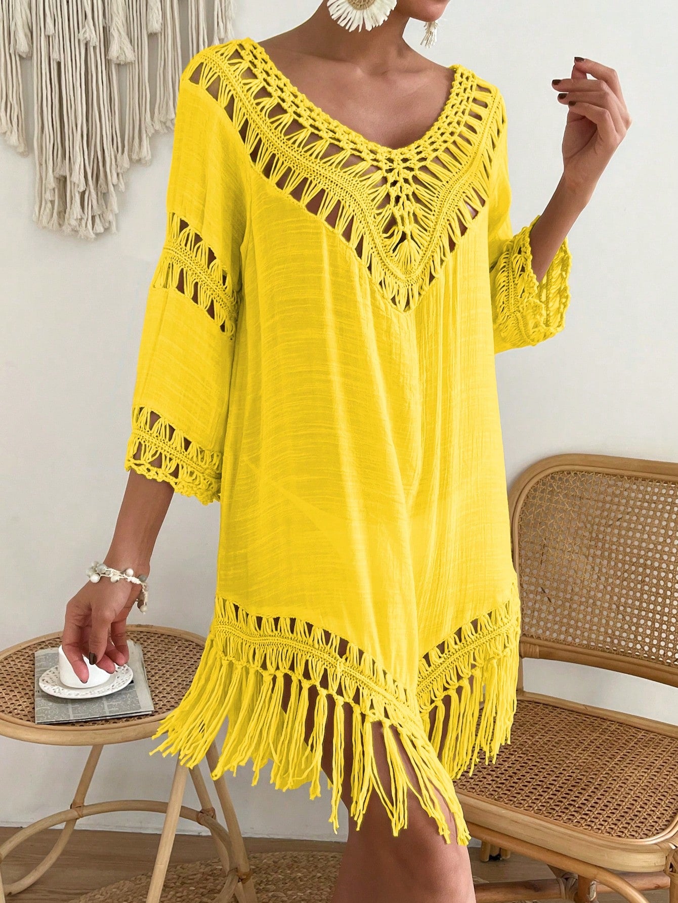 Swim Fringe Hem Crochet Cover Up Dress,Summer Beach