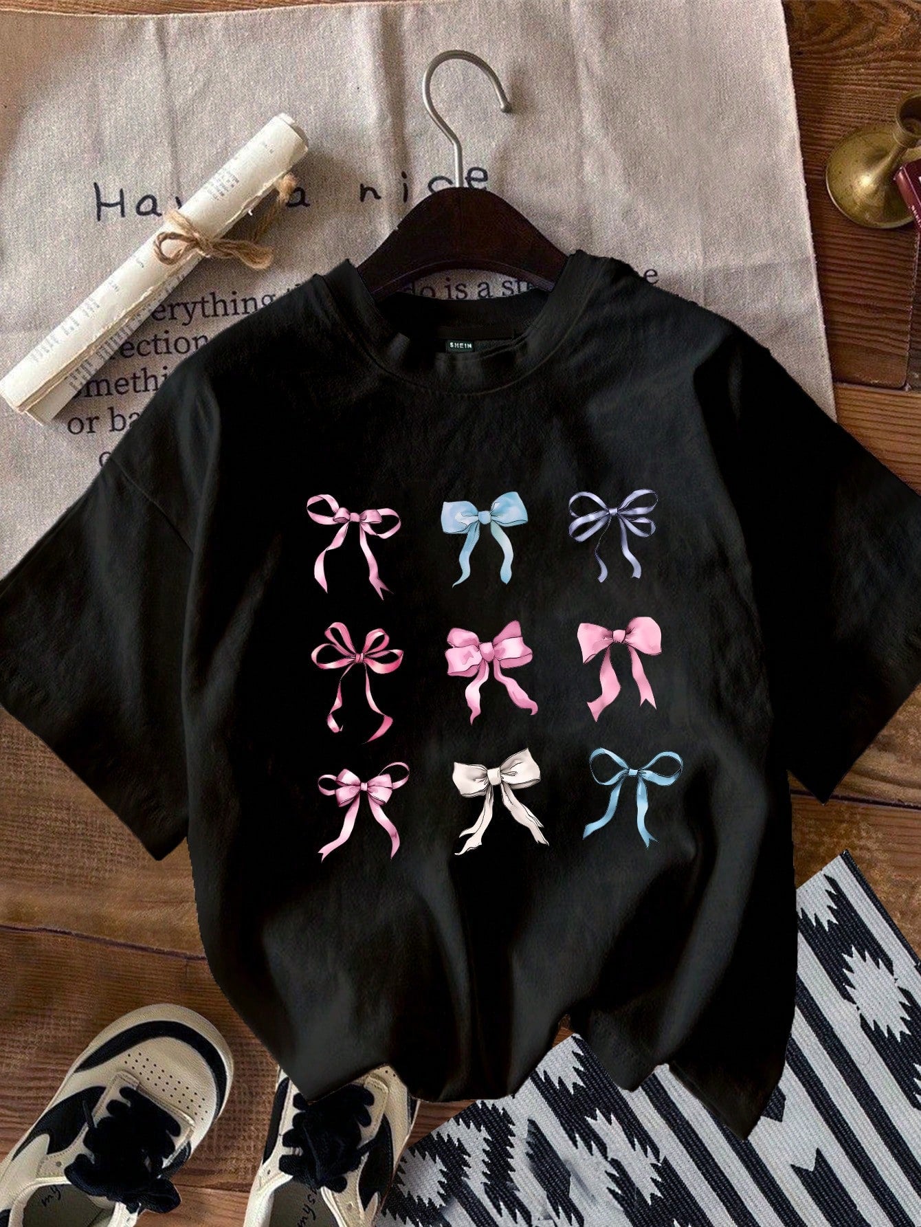 Oversize Butterfly Ribbon Printed Casual Short Sleeve Round Neck Extra Baggy Plus Size T-Shirt