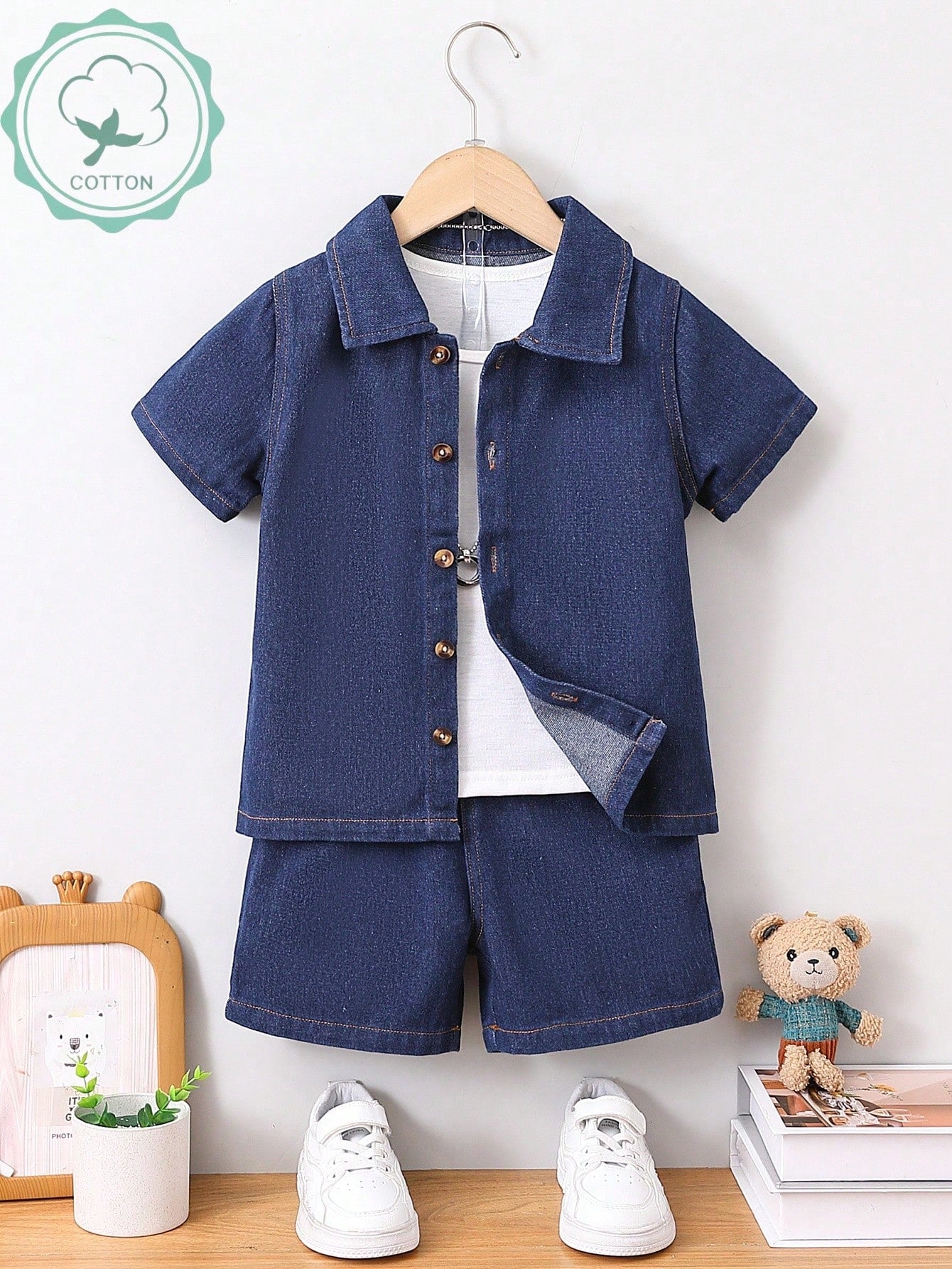 Boys' Casual Denim Short Sleeve Shirt And Shorts Fashionable 2pcs Set