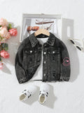 Streecool Kids Young Girl Street Cute Fashion Street Smile Flowers Slogan Prints Ripped Crop Denim Jacket