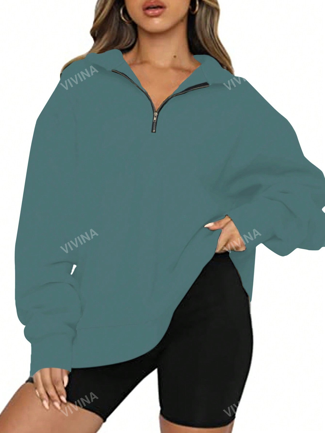 Plus Size Collared Zipper Casual Long Sleeve Pullover Sweatshirt