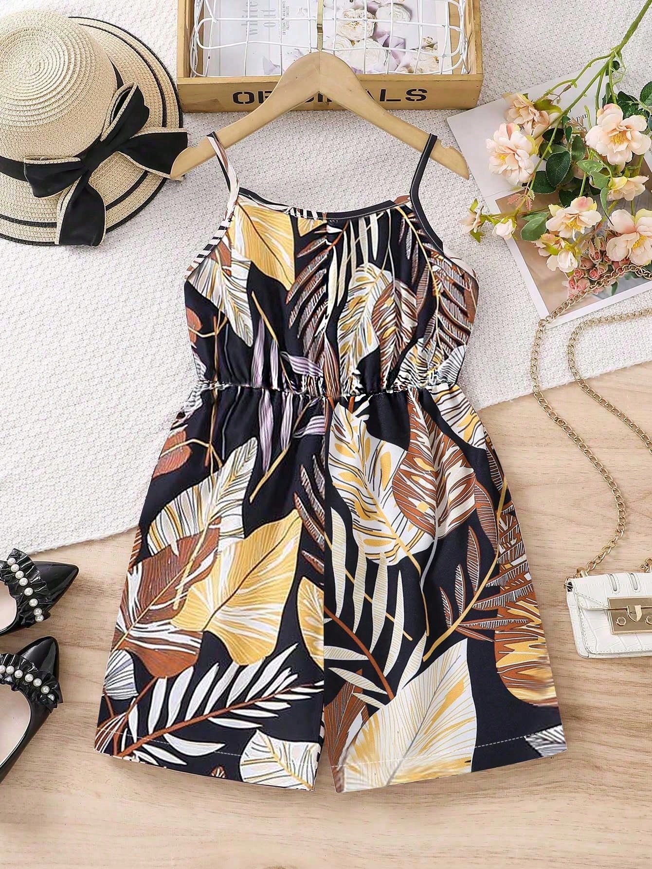 Tween Girl Allover Print Jumpsuit With Spaghetti Straps, Summer Bohemian Style, Casual And Comfortable, Elegant And Fashionable Wear