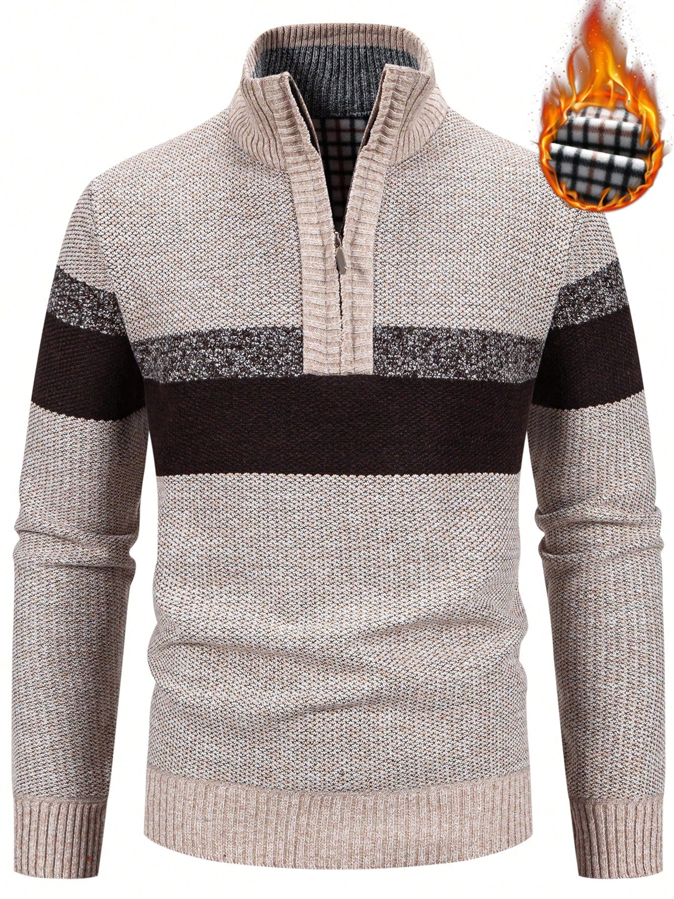 Men Color Block Quarter Zip Thermal Lined Sweater