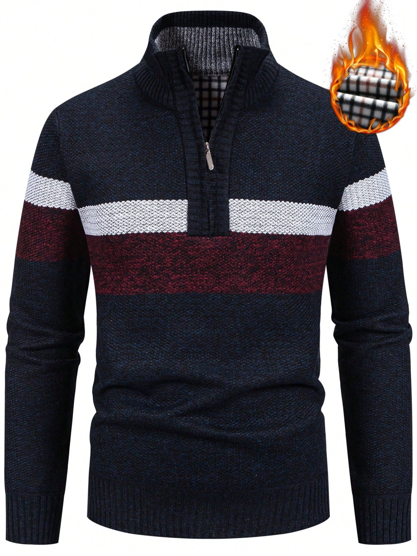 Men Color Block Quarter Zip Thermal Lined Sweater