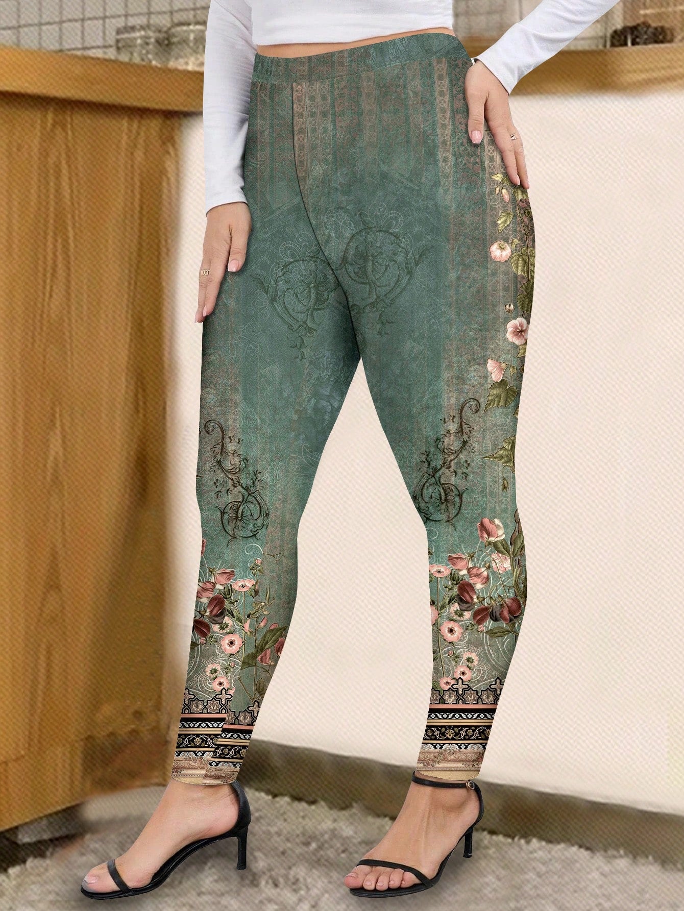 Plus Size Casual Stretchy Skinny Leggings With Faux Denim Print