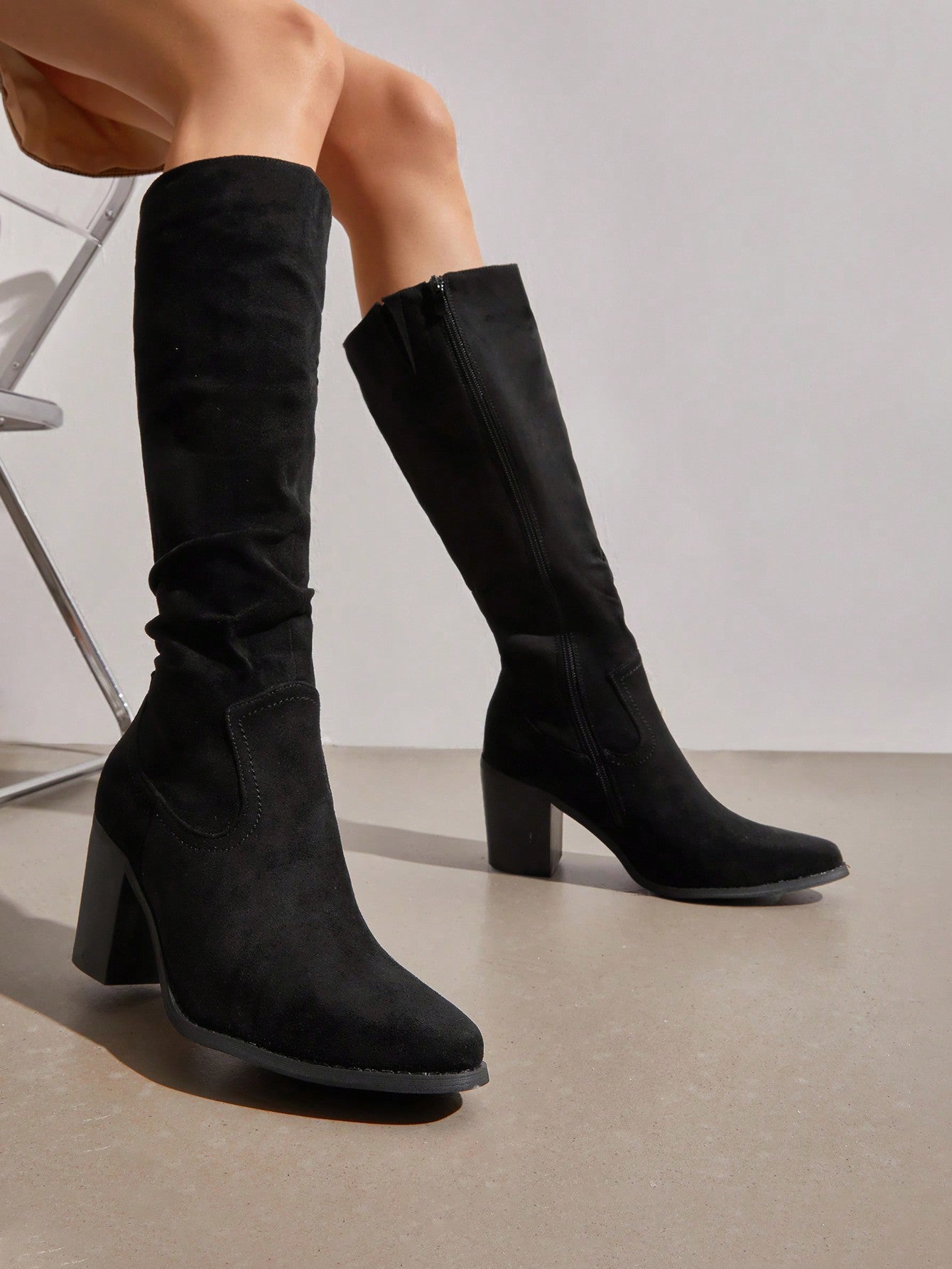 Women's Knee-High Boots, Comfortable Chunky Block Heel Pointed Toe Pull On Side Zipper Suede Slouch Riding Boots