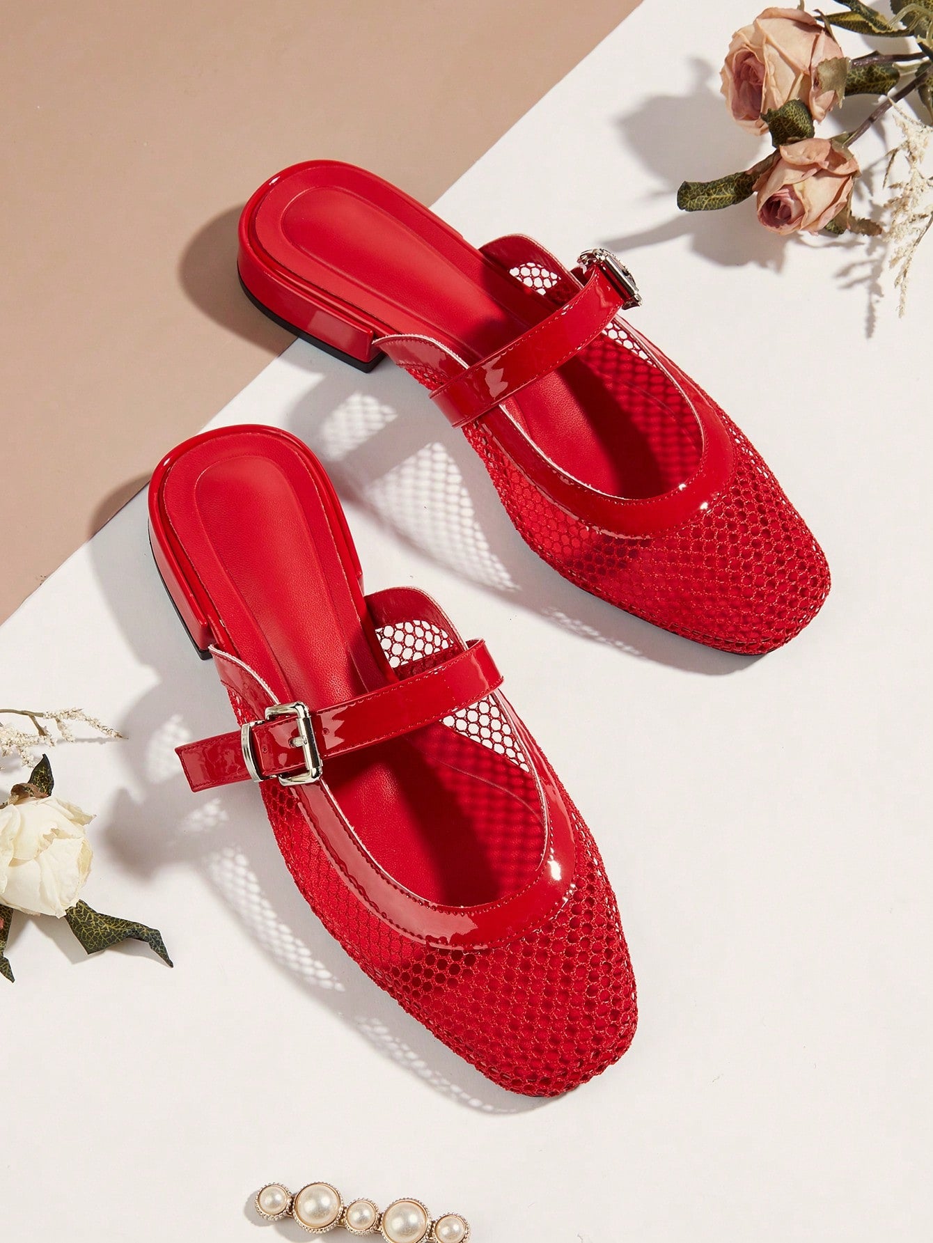 Casual Elegant Red Square Toe Mesh Strap Flat Slide Sandals