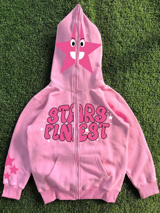 Men's Letter & Pentagram Print Zip-Up Casual Pink Hoodie