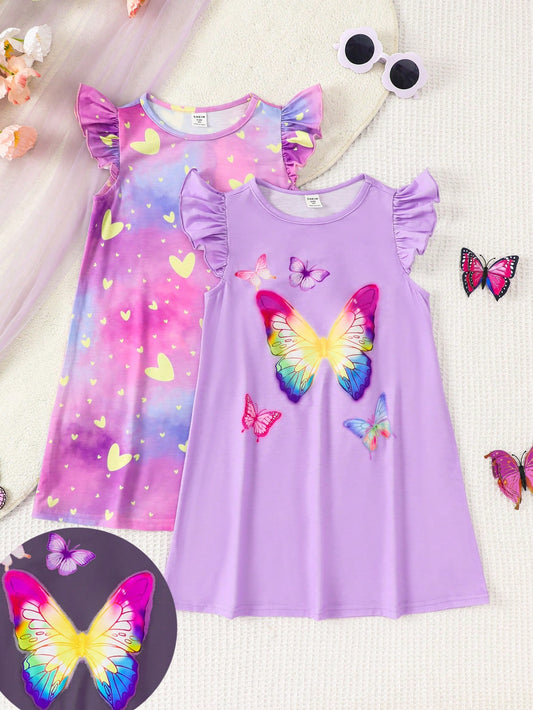 2pcs/Set Young Girl's Cute Heart & Butterfly Luminous Flare Sleeve Loose Fireproof Nightgown Sleepwear, Summer