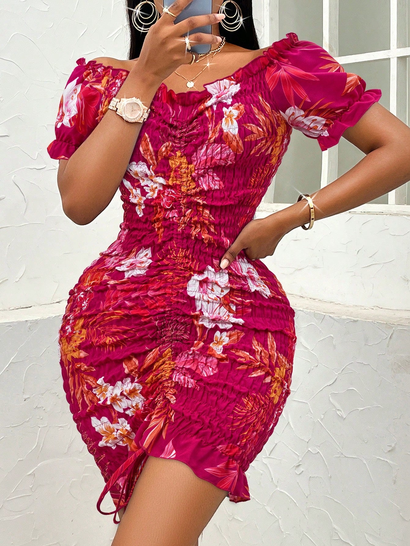 Floral Print Drawstring Front Ruffle Hem Bardot Bodycon Dress