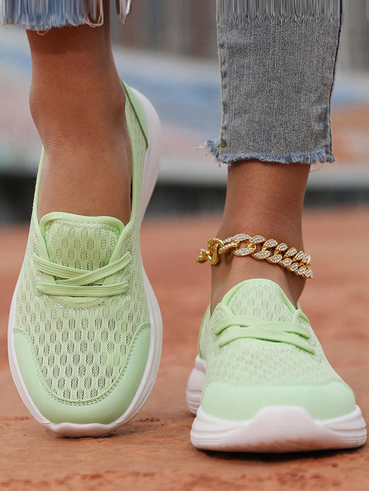 Women's Light Green Mesh Breathable Slip-On Casual Sneakers With Elastic Band, Fashionable And Versatile Sports Shoes