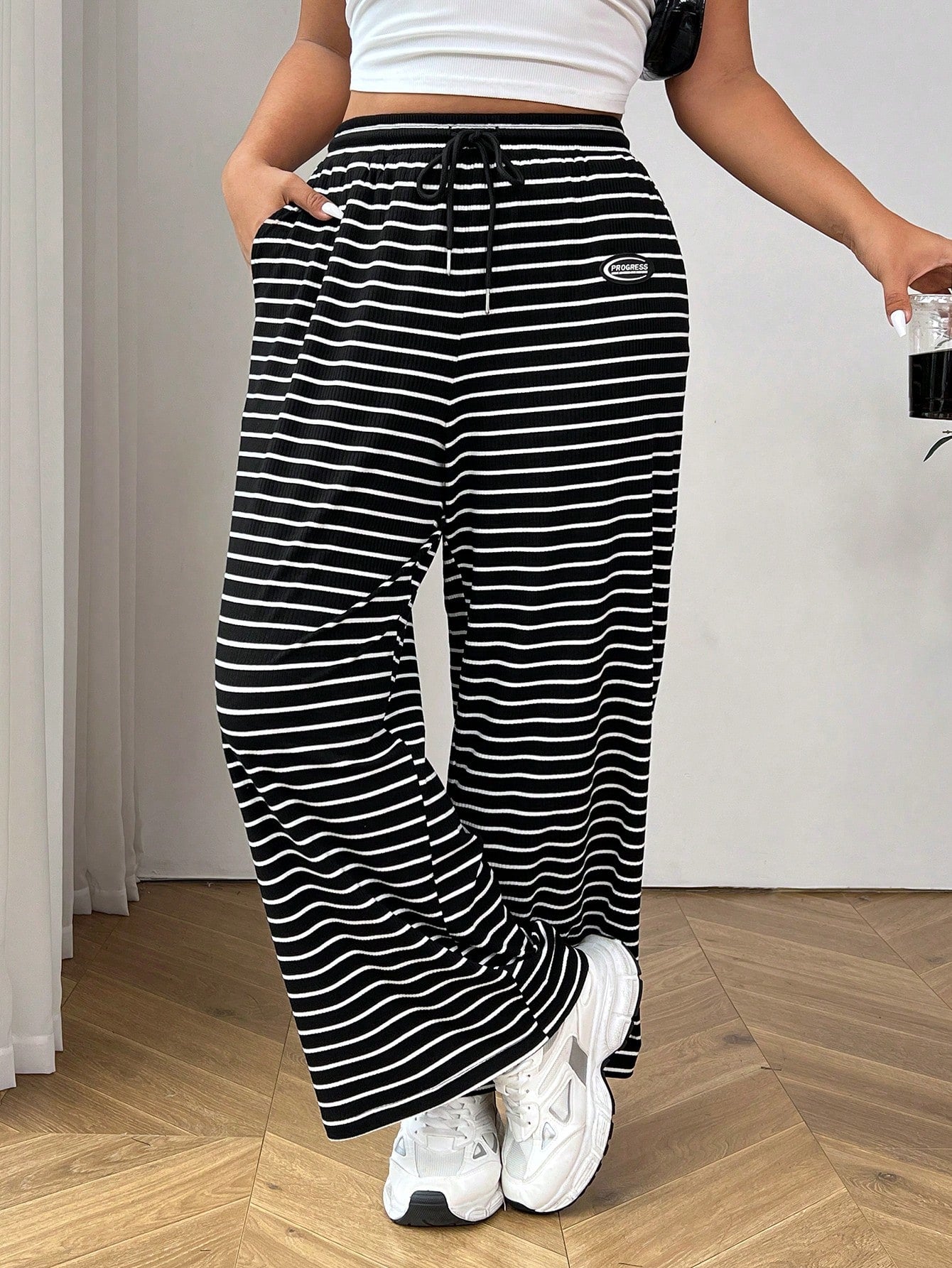 Plus Size Women's Summer Casual Loose High Waist Straight Pants, White Backgroud With Black Stripes Knit Fabric With Pockets