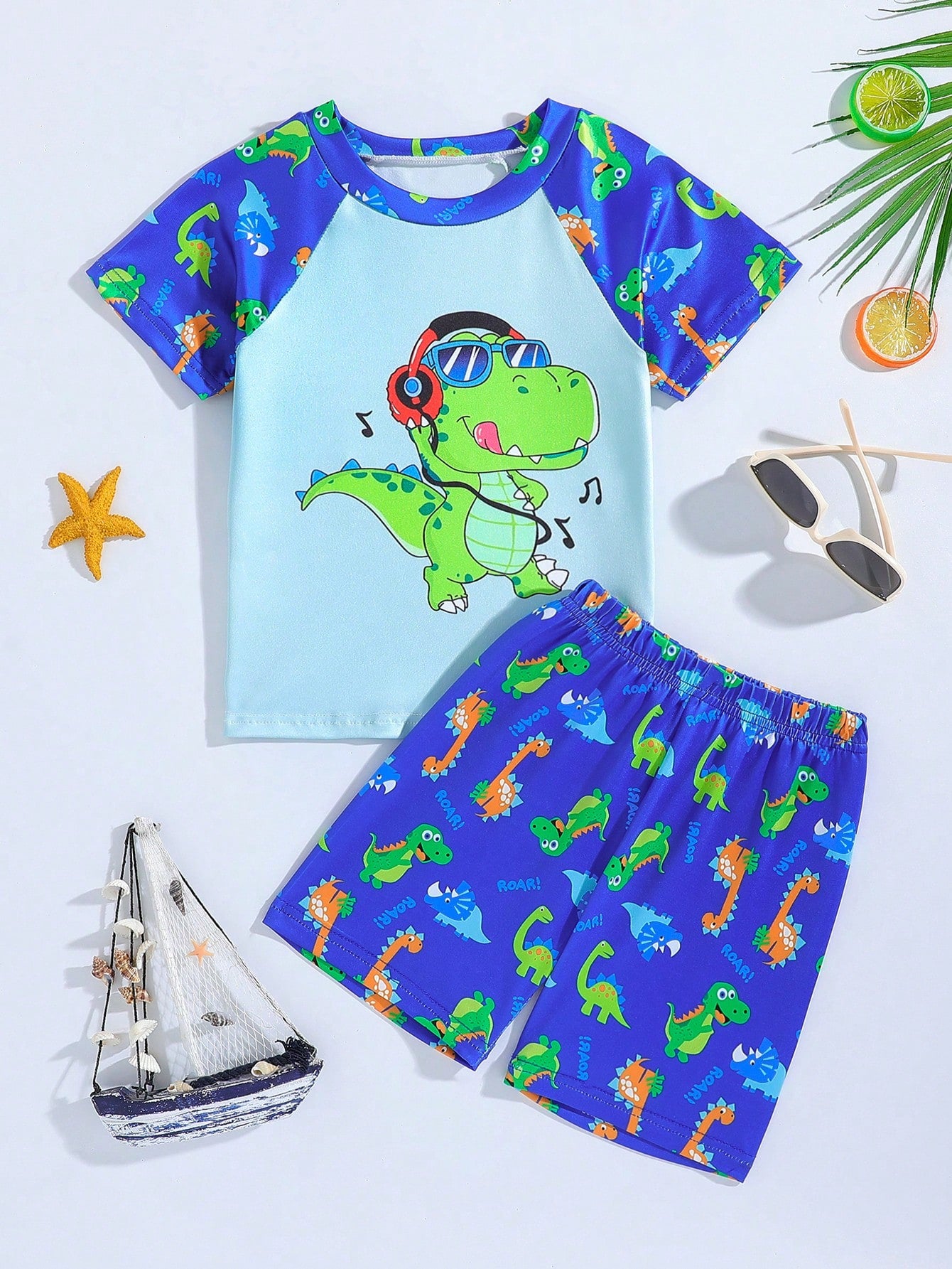 Young Boys' Cute Dinosaur Print Vacation Short Sleeve Shorts Swimwear Set, Summer