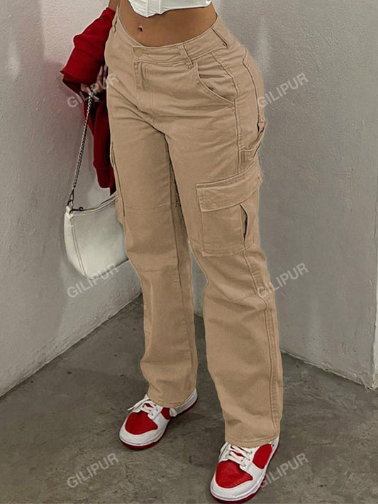 Casual Solid Flap Pocket Straight Leg Cargo Pants