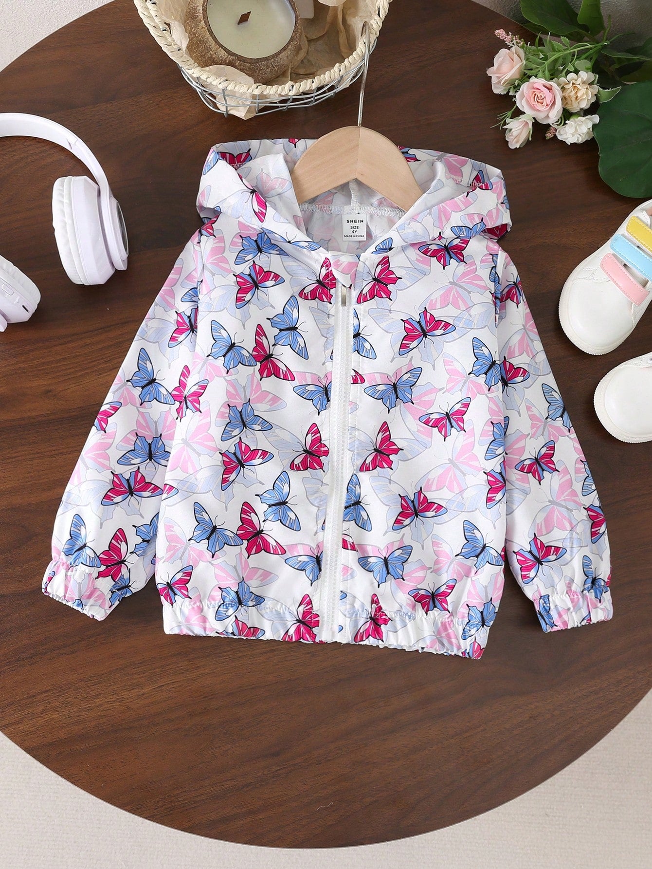 Young Girl Butterfly Print Hooded Zip-Up Casual Jacket