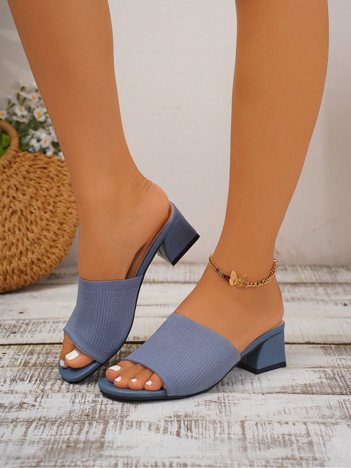 Summer New Trendy Women's Knitted Square Heel Breathable High Heel Sandals