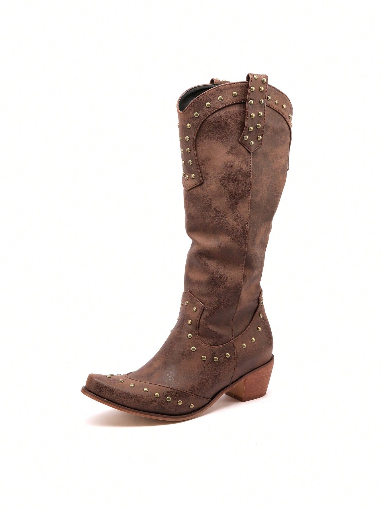 2024 New Rivet Vintage Western Boots, Thick Heel Versatile V-Cut Embroidery Cowboy Boots, Pointed Toe Mid-Calf Boots