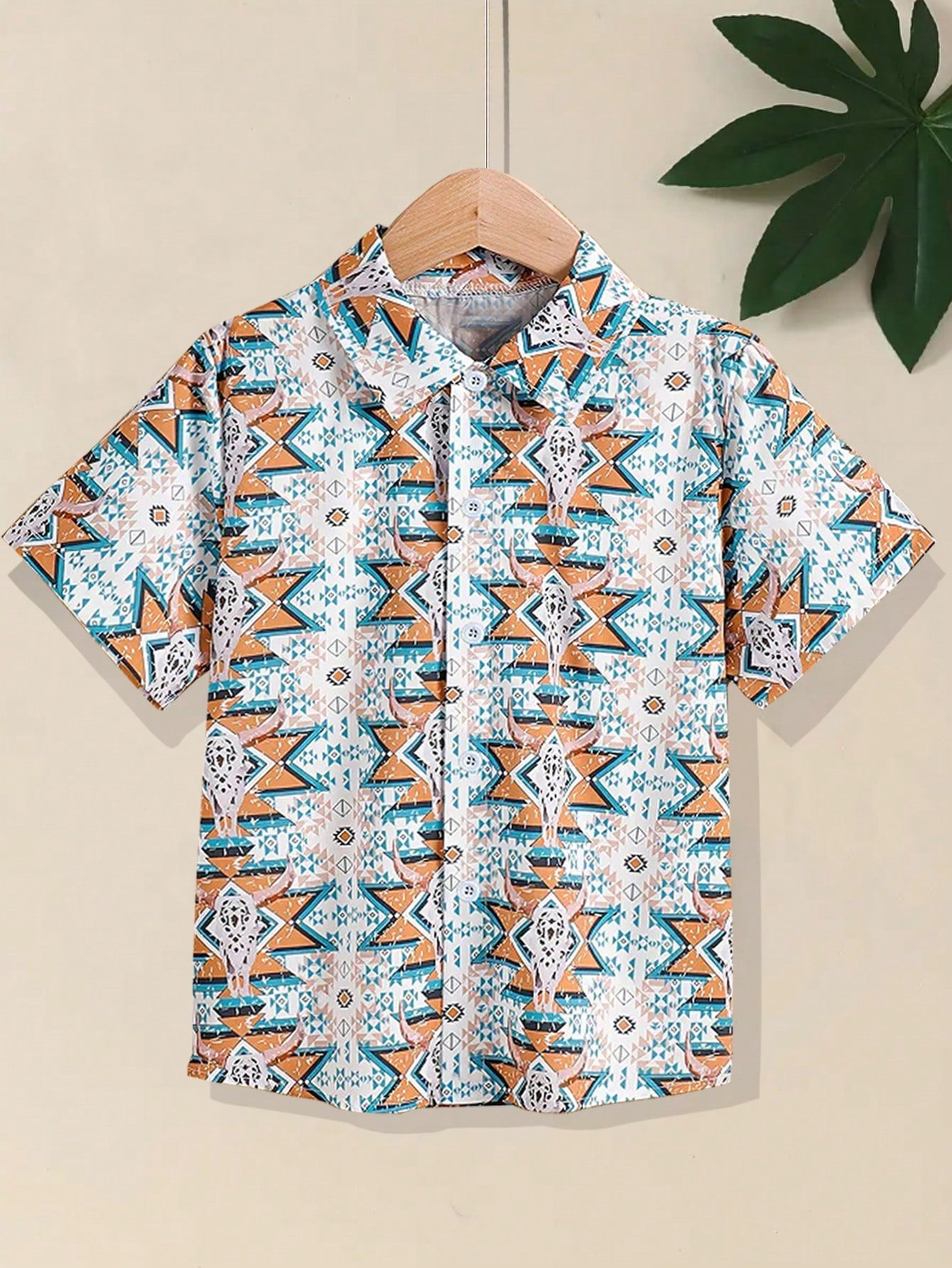 Tween Boy Geometric Unique Pattern Print Loose Fit Shirt With Turn-Down Collar, Suitable For Spring/Summer/Autumn