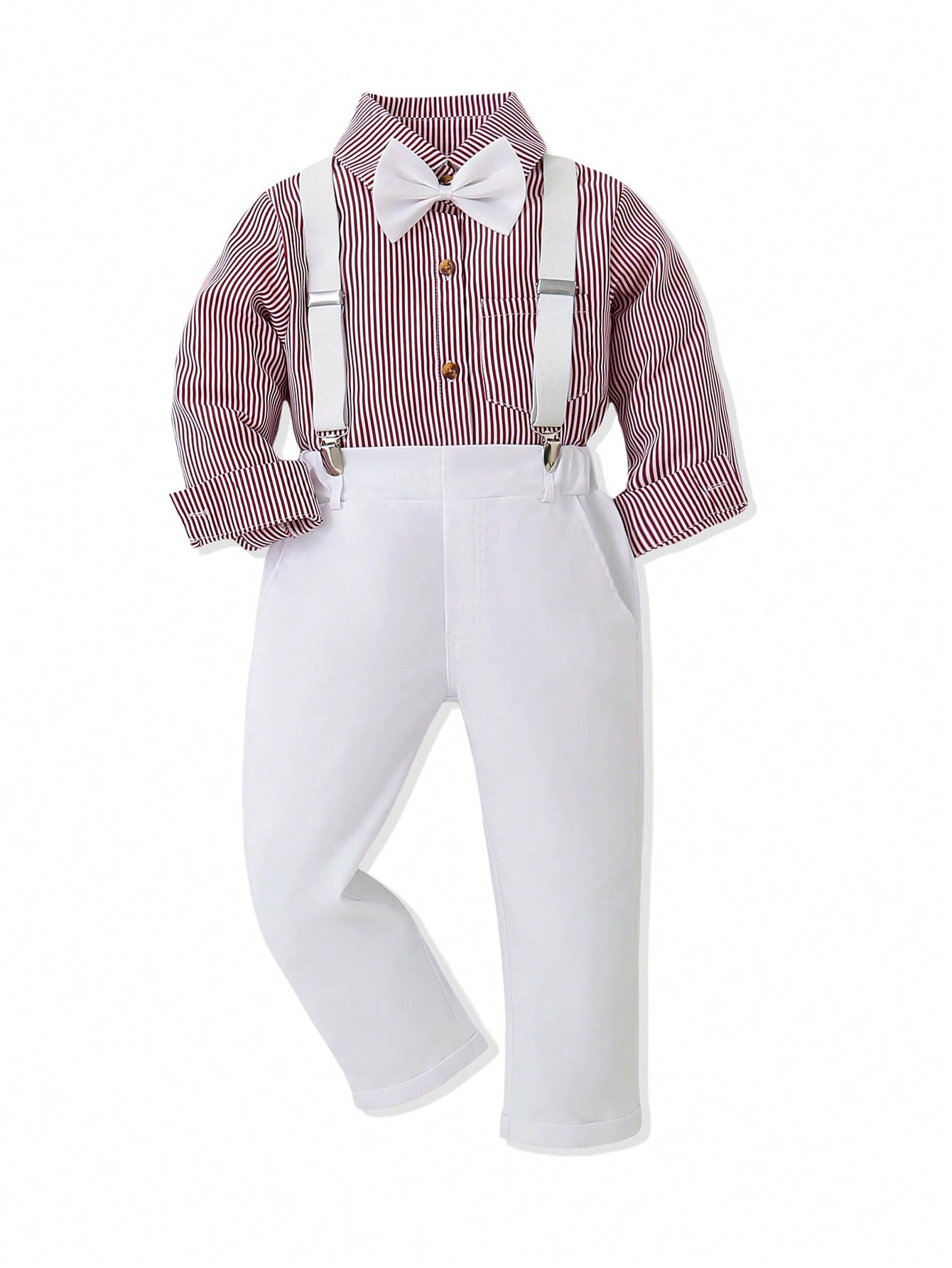 Young Boy Striped Bow Front Shirt & Pinafore Pants Set