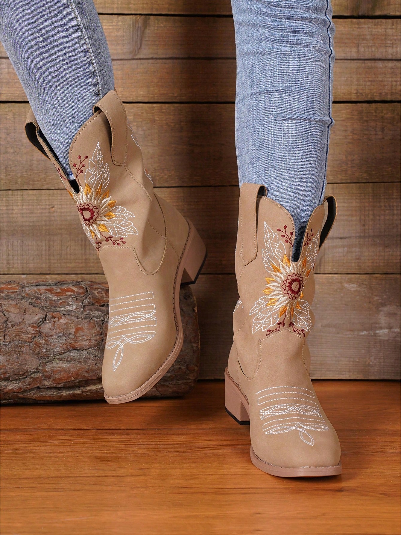 Women's Retro Embroidered Sunflower Brown Chunky Heel Boots, Autumn Winter  Ankle Boots