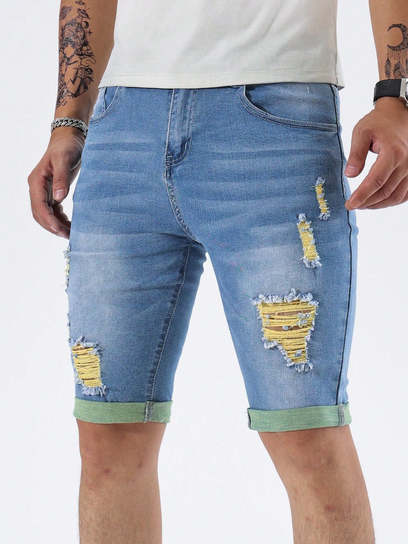 Men Ripped Frayed Bleach Wash Denim Shorts