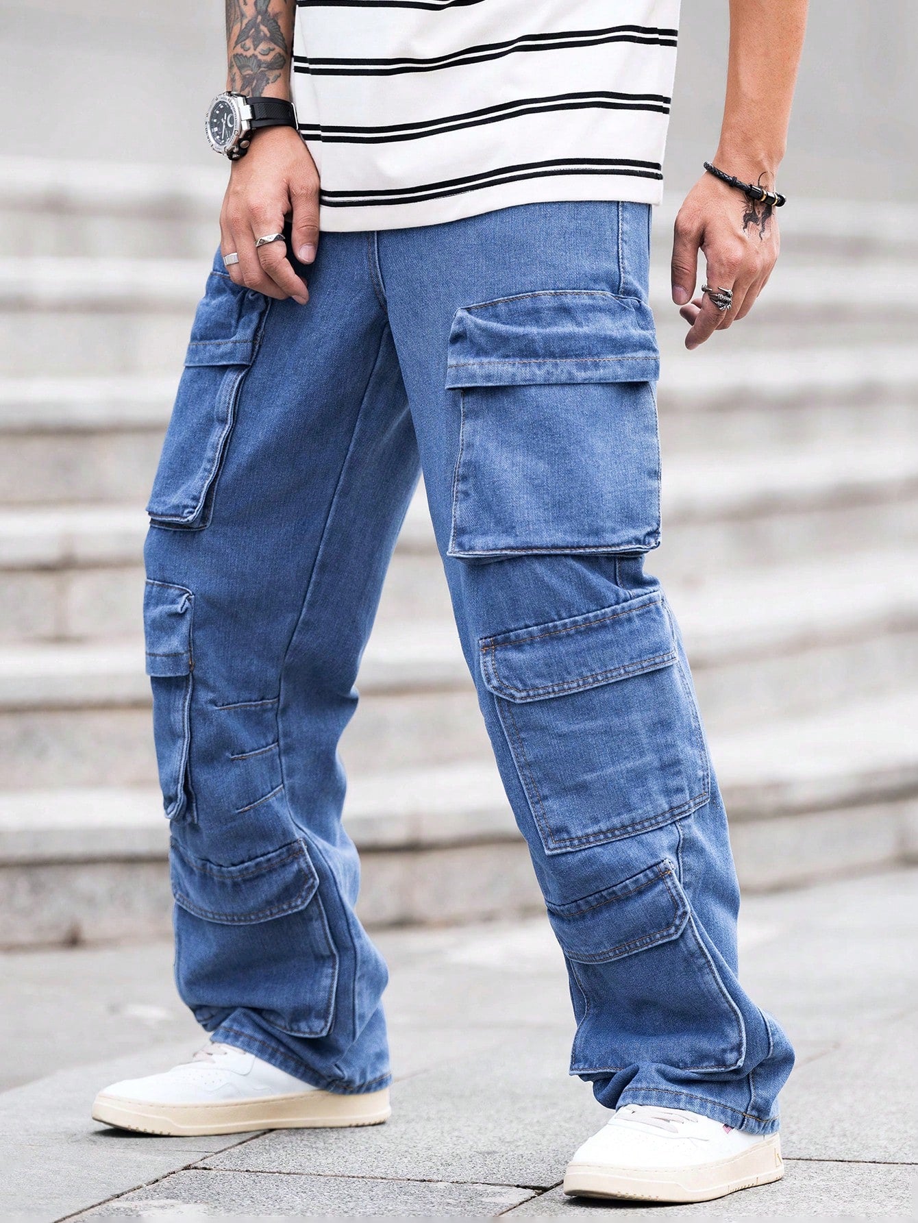 Men Loose Fit Wide Leg Jeans With Multiple Utility Pockets, Casual Workwear