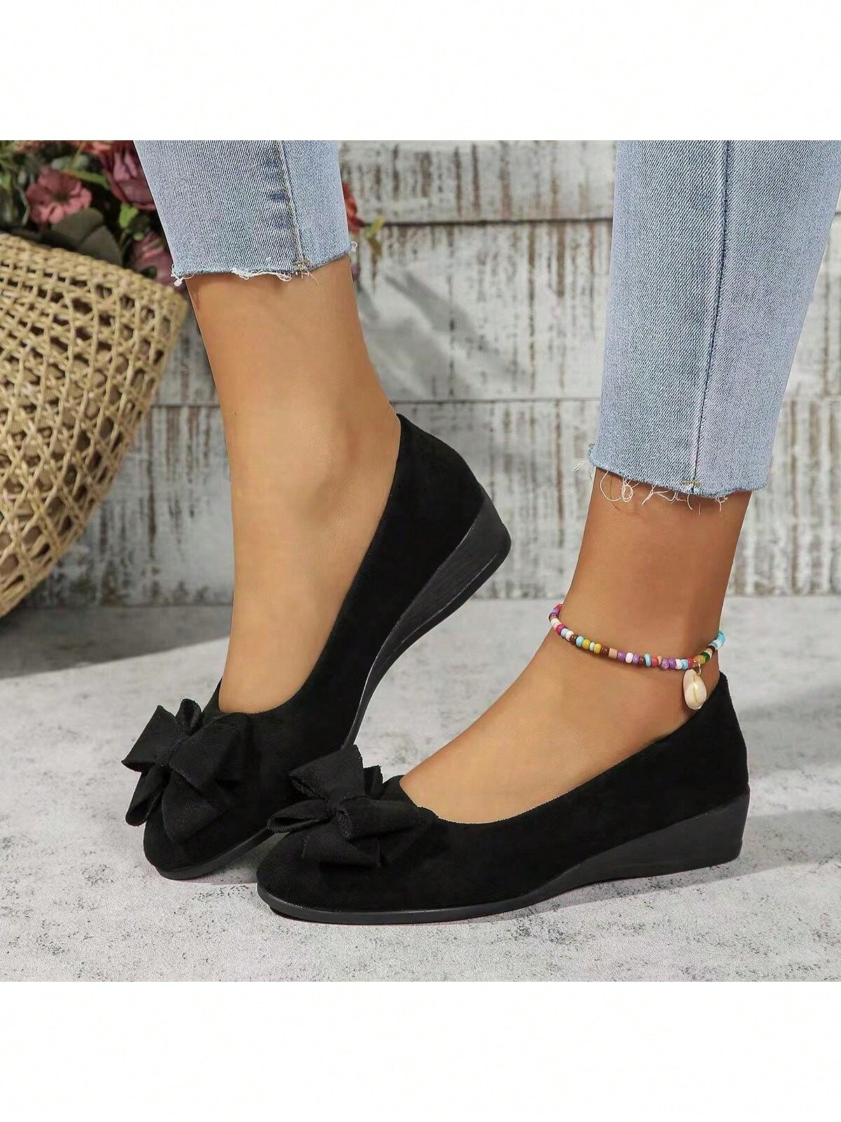 Women's Elegant Casual Low-Heeled Shoes With Bowknot, Round Toe, All Seasons