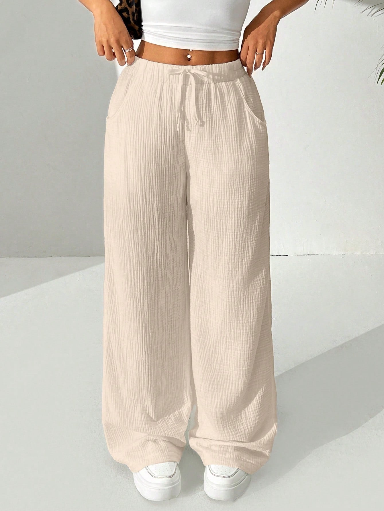 Cotton Loose Straight Drawstring Waist Slant Pocket Pants