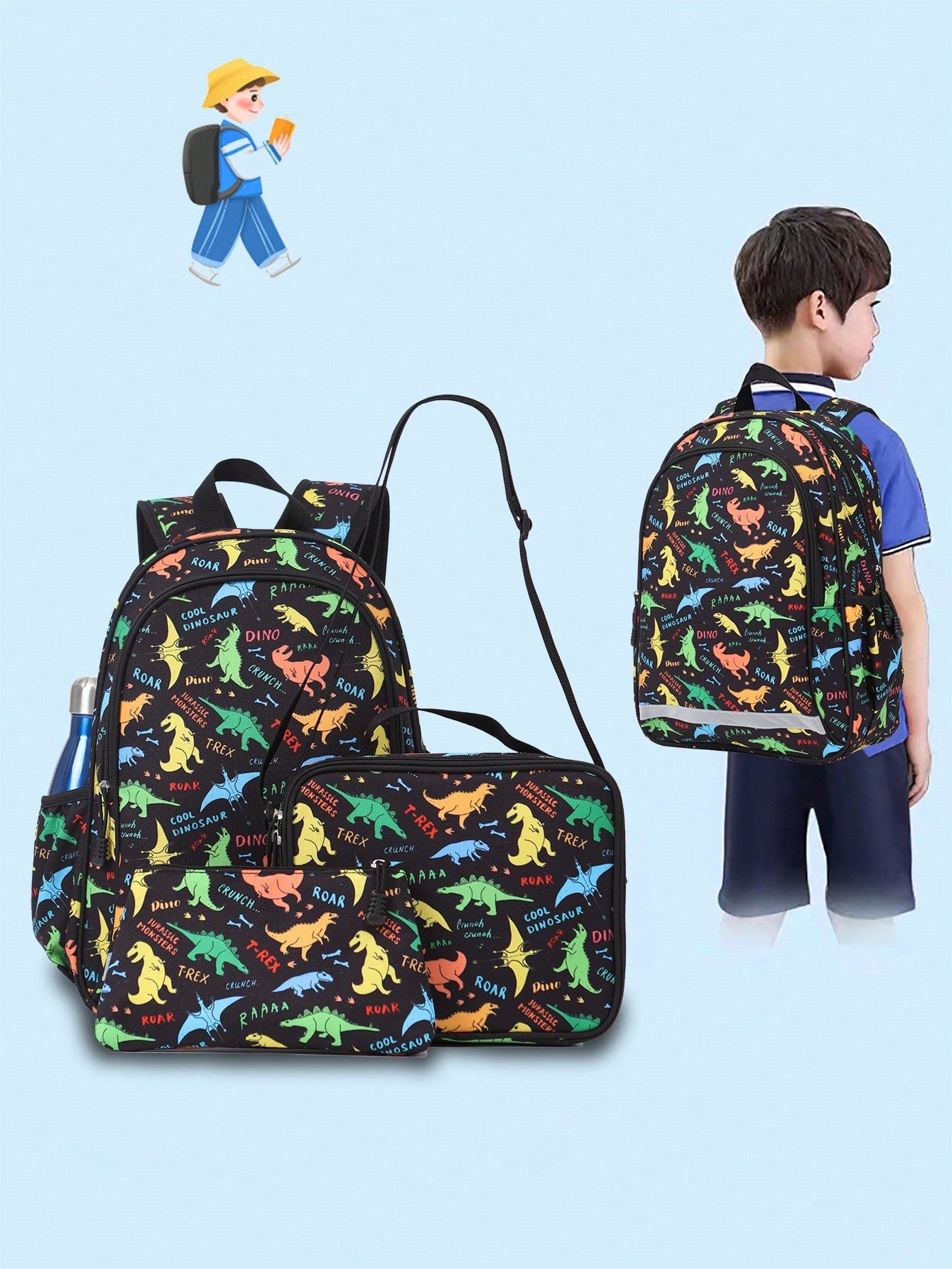 15.75in/40cm 3pcs Boys' Or Girls' Lightweight Backpack Set With Lunch Box & Pencil Case, Suitable For Travel, Camping, School. Padded Back & Adjustable Shoulder Straps, Fashionable Design (soccer Pattern).