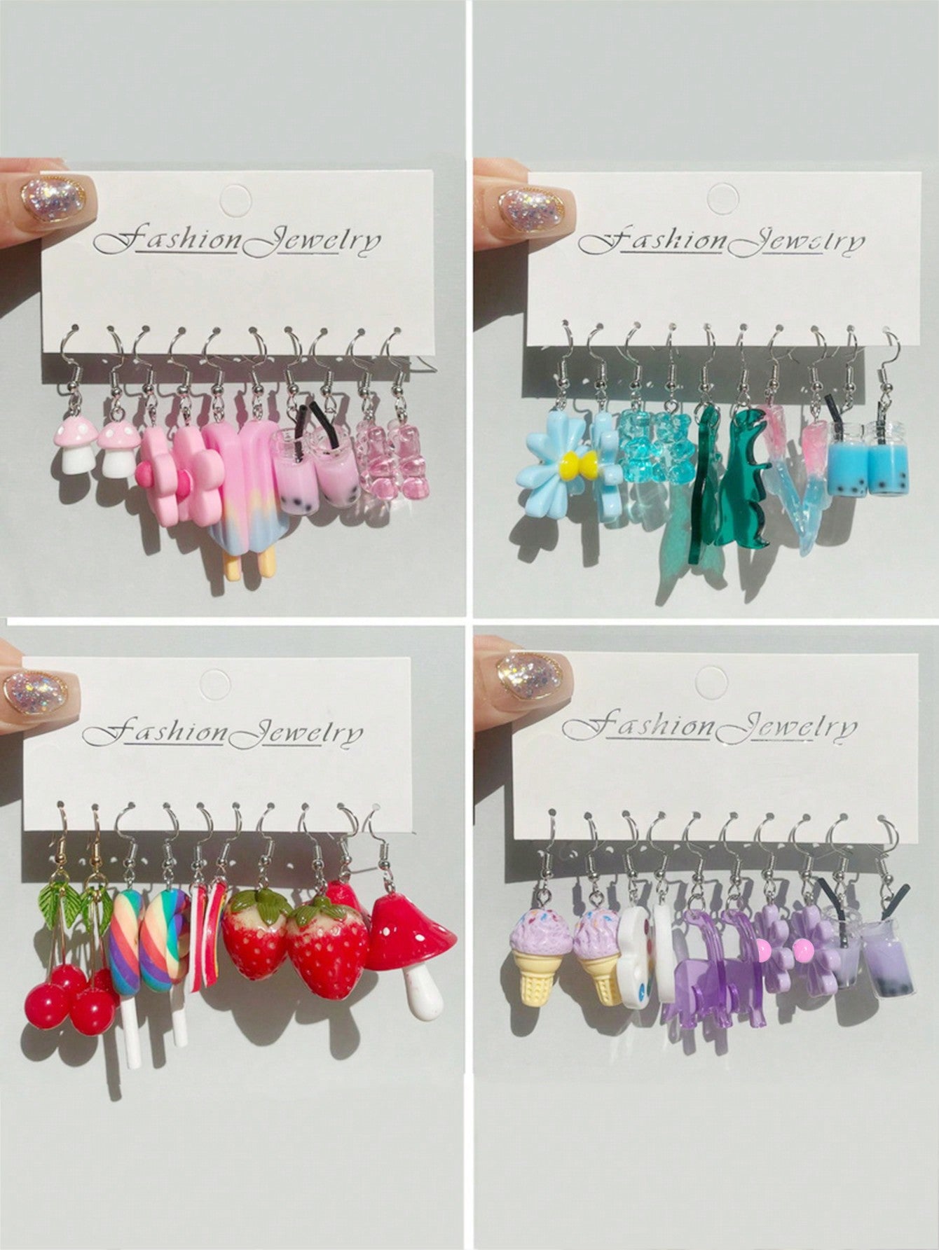 5 Pairs Of Candy-Colored Resin Earrings Set Including Strawberry, Cherry, And Mushroom Designs