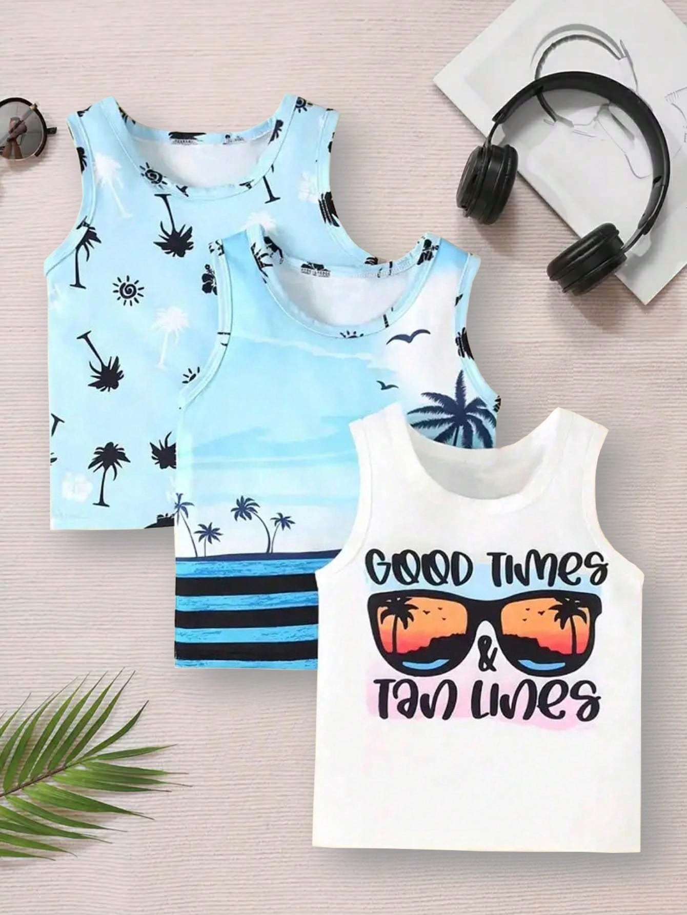 3pcs Boys' Beach Palm Tree Print Tank Top And Sunglasses Print Vest, Summer/Spring/Fall