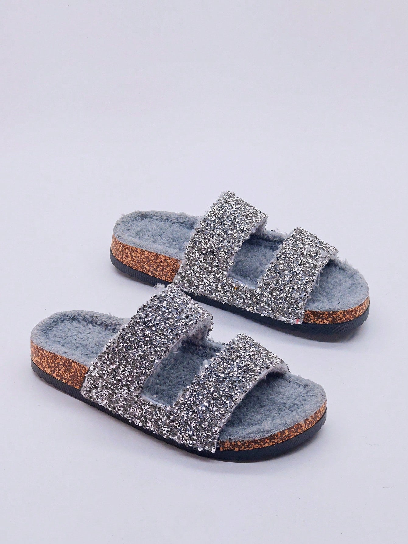 New Faux Cork Double Strap Slippers With Diamante Glitter, Soft & Cushioned